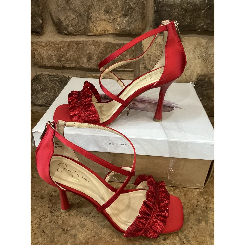 Jessica Simpson‎ Amillnah Red Muse Satin Rhinestone Ruffle Heels JP-AMILLNAH3 8M